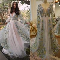 【YF】 Colorful Garden Romantic Puffy Sleeves V-neck Sweep Train Floral Lace Mother Of Bride Dress Wedding Gown For Women