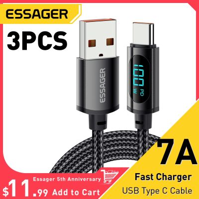 Essager 3ชิ้น7A สายเคเบิลชนิด C USB หน้าจอ PD 100W ที่ชาร์จไฟรวดเร็ว USB USB C สายชาร์จสำหรับซัมซุงข้อมูล Honor 70 Pro Oneplus สายชาร์จ