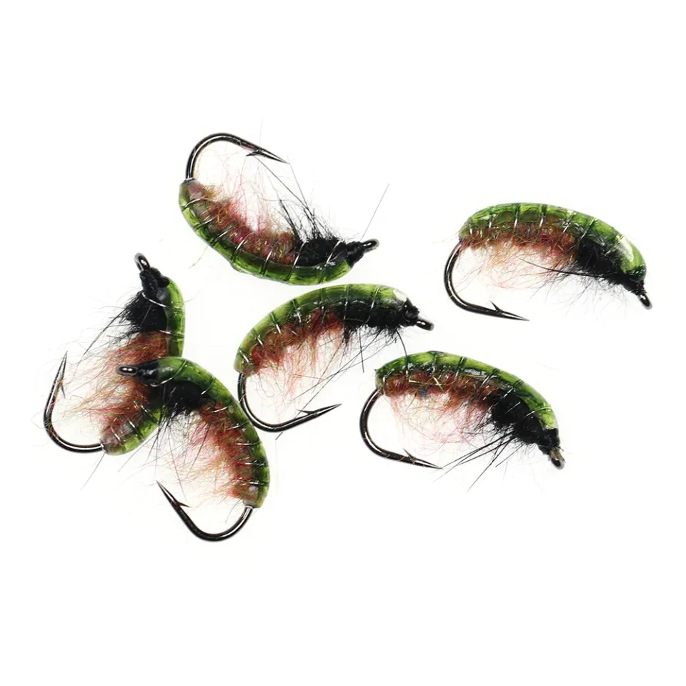 1 ICERIO 6PCS UV Green Back Nymphs Scud Bug Worm Flies With Barbed Hook  Trout Fishing Fly Lure Bait