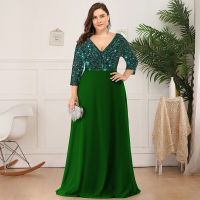 ชุด Dress Green Long Sleeve Sexy Sequined Chiffon V-neck Patchwork Half Sleeve tail Party Evening Dress H283 ชุด แต่งงาน