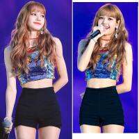 gyhuju Lisa กางเกงตัวเดียวกัน. blackpink เกิร์ลกรุ๊ปเกาหลี เต้น กางเกงขาสั้นเอวสูง กางเกงเลกกิ้งขาสั้นสีดำทรงเอ เซ็กซี่และมีเสน่ห์ แสดงความยาว