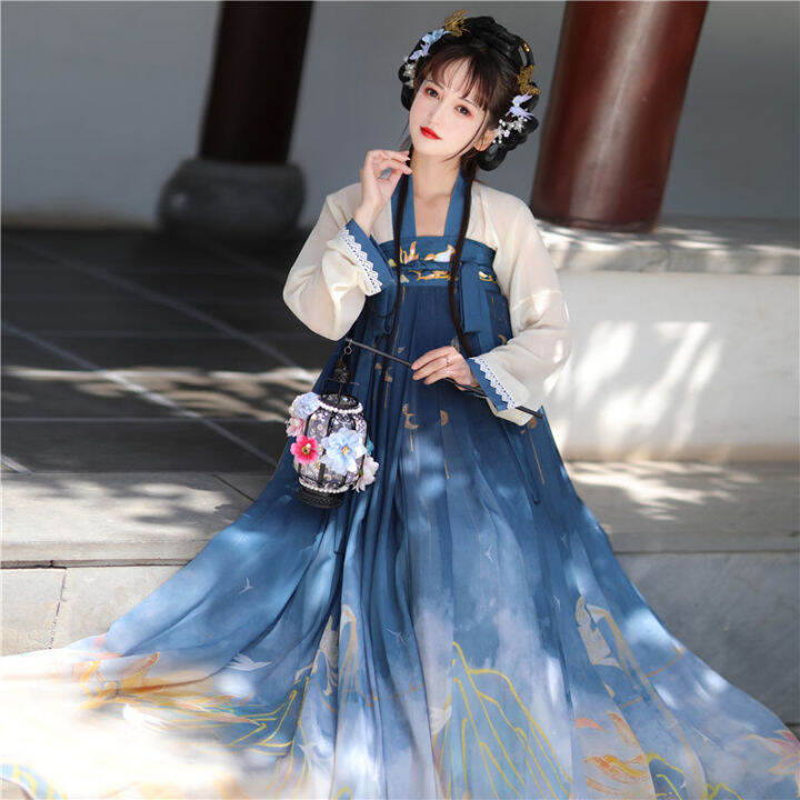 ราคาถูก-hanfu-ชุดจีนสไตล์ย้อนยุคชุดสูทใบเมเปิ้ลพิมพ์เอวกระโปรงจีบชุดเจ้าหญิงจีนโบราณชุดนางฟ้า