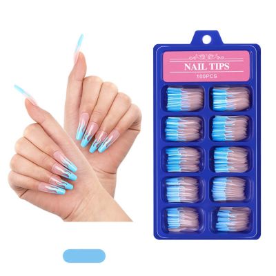 20/100Pcs Flame Blue Gradient Color Design Fake Nails Long Ballerina French Full Cover False Nail Detachable Nail Tips with Glue
