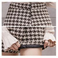 Women Winter Skirt Shorts High Waist Plaid Feminino Woolen Houndstooth Buttons Irregular Mini Skater Warm Thicken Short Pants