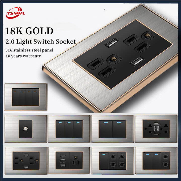 YSVWL 18K GOLD Light Switch Outlet Socket for Wall 1/2/3 Gang 1/2 Way Stainless steel black gold