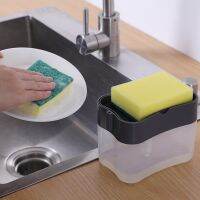 (Allen Cook)2 In 1เครื่องจ่ายผงซักฟอกในครัวแบบกด Scrubbing Liquid Soap Box Pump Organizer ผู้จัดจำหน่ายฟองน้ำอัตโนมัติ