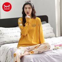 MiiOW Simple พิมพ์ผ้าฝ้ายแขนยาวกางเกงฤดูใบไม้ร่วงและฤดูหนาวชุดนอน Loungewear ชุดนอนสตรีชุด Homewear 208912