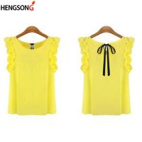 Honnyzia Shop Womens Blouse Summer Fashion Lotus Leaf O-Neck Casual Shirt Ladies Bow Chiffon Blouses Tops S-XL White Yellow