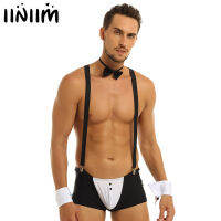 Mens Groom Tuxedo Set Boxer Underwear Sexy Lingerie with Suspender Shoulder Straps Bow Tie Collar Bracelets Costumes