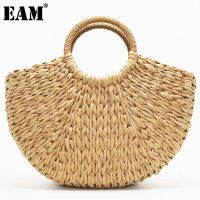 [EAM] Women Summer New Camel Handbag Drawstring Straw Beach Bag Personality All-match Top-handle Bag Fashion Tide 2021 18A2958