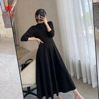 SZWL Women Dress Black Crew-neck Long-sleeved Sexy Waist-slimming Long Large Swing Skirt