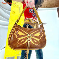 【cw】Delias Vintage Designer Bag R Y2k Cute Brown Butterfly Bow PU Leather Handbag Underarm Bag Mini Bag Axillary Pouch