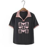 【มีไซส์ใหญ่】Plus Size Womens V-neck Summer T-shirts Oversized Cute Printed Female Tops Casual Fashion A-line White Black Tee