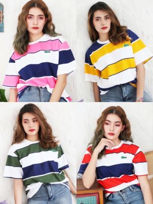 🍒สินค้าขายดี🍒เสื้อยืดแขนสั้น ลาคอต ลายริ้วใหญ่ งานปัก-งานป้าย cotton100% ชาย/หญิง (SMLXL)  No.33