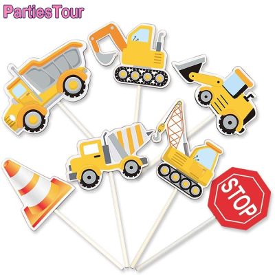 【CW】☋◄●  7pcs Construction Pick Dump Truck Excavator Tractor Toppers for Kids Birthday Baby Shower