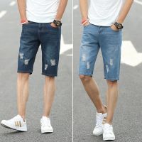 CODluba03411 【READY STOCK】 Mens Thin Denim Short Jean Pants Mens Denim Shorts Jeans Breaking Hole Five-Point Jean