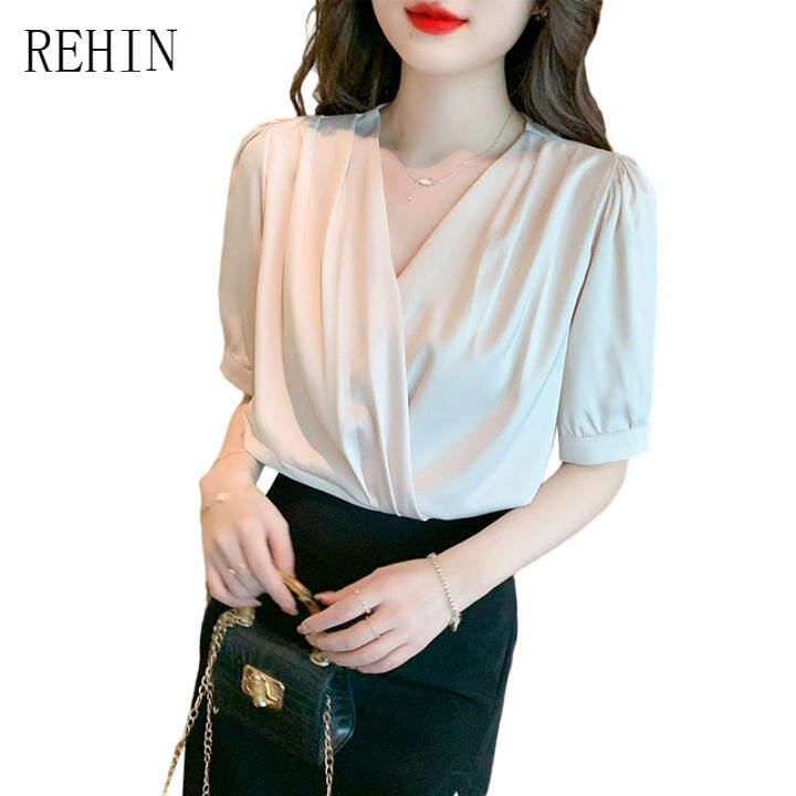 rehin-ผู้หญิงฤดูร้อนใหม่เวอร์ชั่นเกาหลีของคอวีแขนสั้นเสื้อซาตินเสื้อหรูหรา