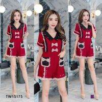 MM15175 Jumpsuit คอปกแต่งระบายติดโบว์