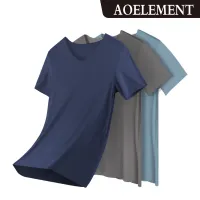 AOELEMENT ผู้ชายฤดูร้อนผ้าไหมน้ำแข็งไม่มีรอยต่อแขนสั้นสีทึบเสื้อยืดคอวีด้านบนบาง306