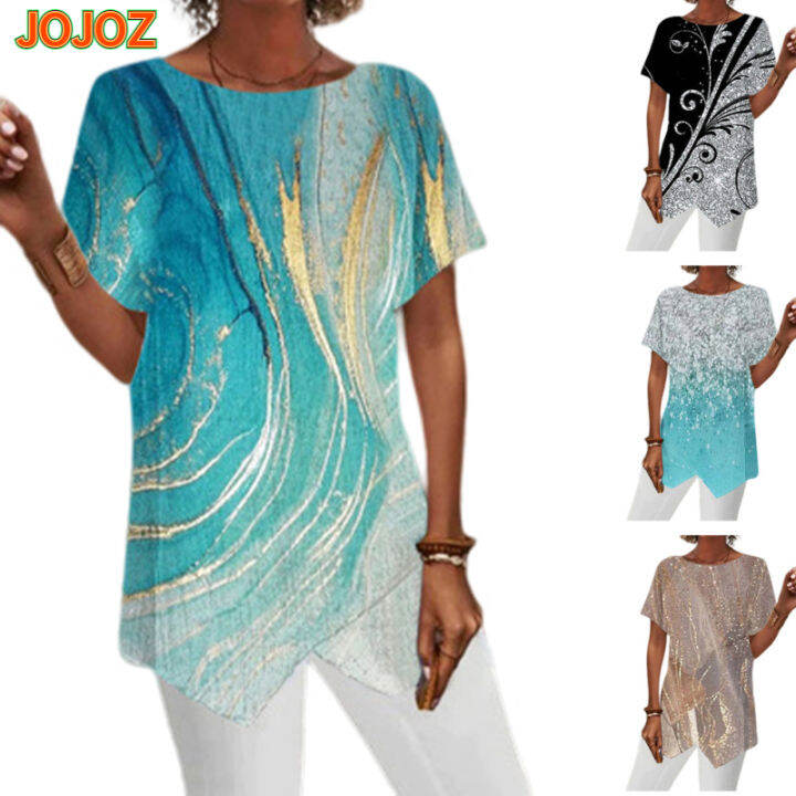 jojoz-เสื้อยืดผู้หญิงขนาดใหญ่พิเศษเสื้อสวมหัวทรงหลวมลำลองพิมพ์ลายเรขาคณิตฤดูร้อนแขนสั้นเสื้อดีไซน์ใหม่