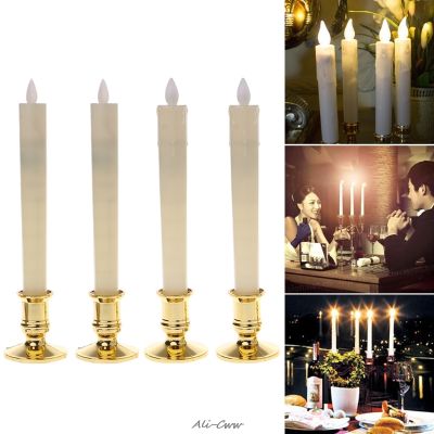 【CW】2Pcs Electric Flickering Flameless Led Candle Lights With 2 Removable Gold Bases