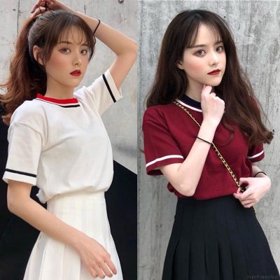 Women T-Shirts Korean Style Knitted Color Block Short Sleeve Knitted Tees Tops