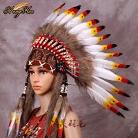 Cosplay Props Feather Headdress Indian Chieftain Hat Halloween Carnival Day Headband Headwear Villus Chiefs Cap Party Headwear