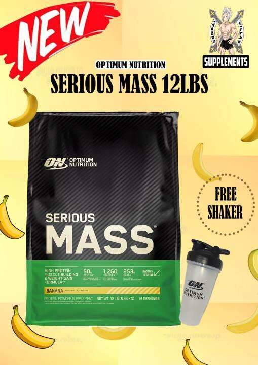 OPTIMUM NUTRITION SERIOUS MASS BANANA 12LBS WITH FREE SHAKER AND MUSCLE