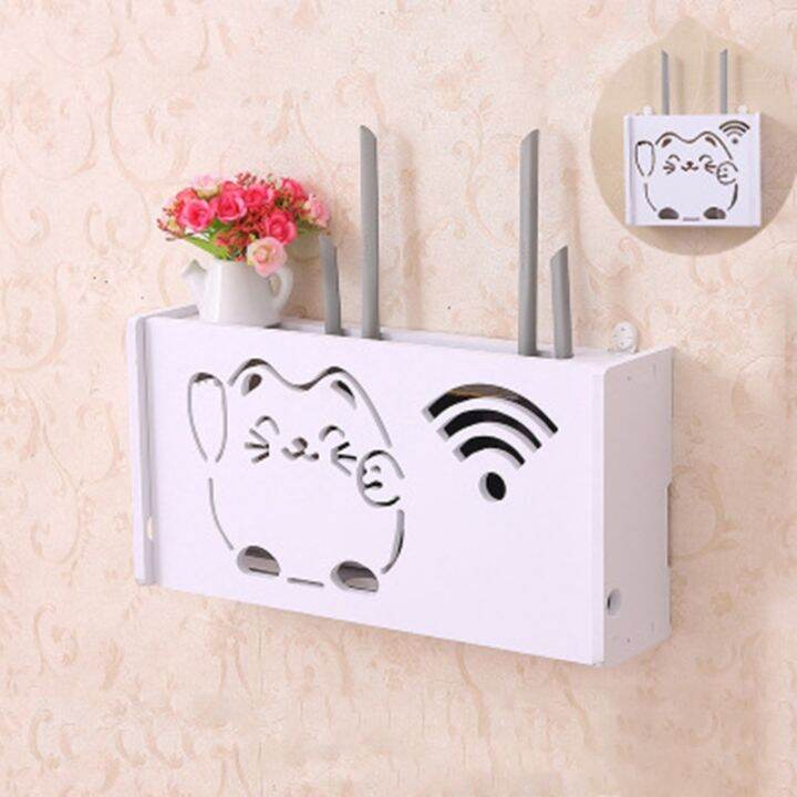 1xwireless-wifi-router-storage-box-shelf-wall-waterproof-bracket-cable-organizer-wood-plastic-wall-shelf-hanging-plug-bracket