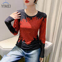 YIMEI เสื้อมัดย้อมลายตาข่ายคอกลม2023แขนยาวแบบใหม่ในฤดูใบไม้ร่วงเสื้อยืดพิมพ์ลายเสื้อผ้าป้องกันแสงแดดของผู้หญิง