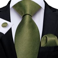 DiBanGu New Olive Green Solid Silk Ties for Men Pocket Square Cufflinks Gift Wedding Party Accessories 8cm Necktie Set Wholesale