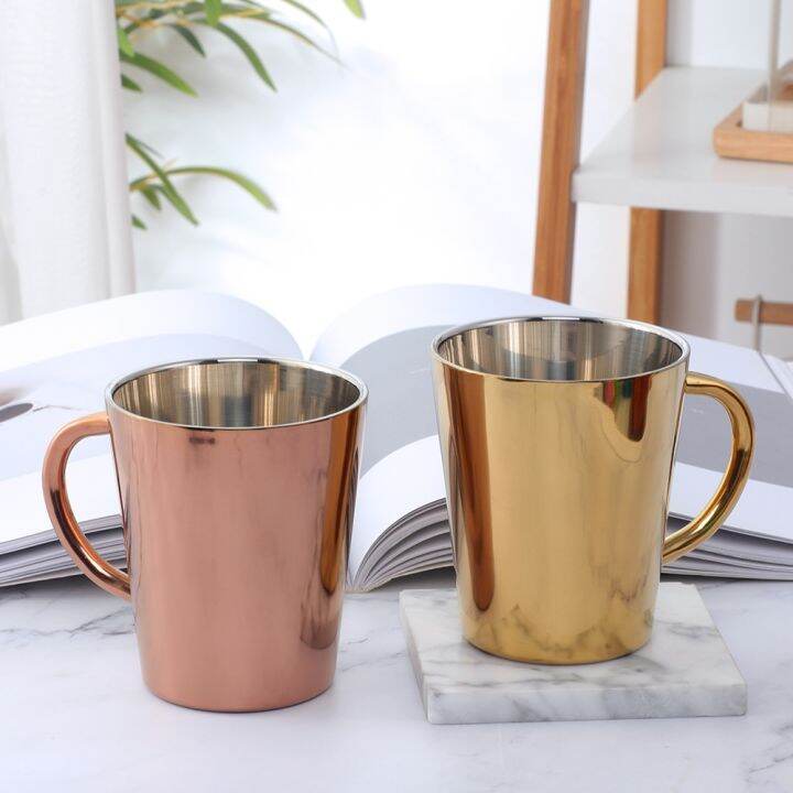 high-end-cups-300มิลลิลิตรสแตนเลสแก้วกาแฟถ้วยนมแบบพกพาที่มีการจัดการผนังสองสายรุ้งถ้วยแก้วเดินทางนมชาแก้ว