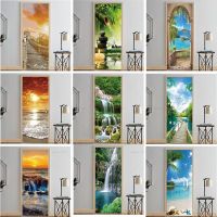 Sunset Scenery Door Sticker Forest Waterfall Wallpaper Cozy Seaside Mural  Waterproof Tear and Stick Refrigerator Cabinet Poster Wall Stickers Decals