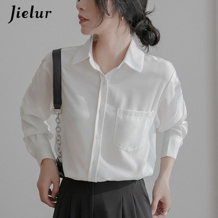 jielur-เสื้อเบลาส์ผู้หญิงวินเทจมีกระเป๋าหลวมผ้าชีฟอง5สีสำหรับสาวออฟฟิศ-kemeja-hitam-แฟชั่น-s-xl-เสื้อสตรี