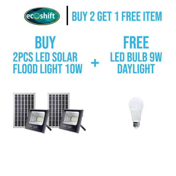 BUY 2 GET 1 FREE SUNBRIGHT 10W LED Solar Flood Light + 9W LED Bulb