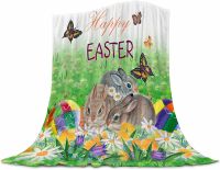 Happy Easter Blanket Easter Rabbit Bunny Eggs Spring Easter Throw Blanket Soft Lightweight Flannel Blanket for Bed Sofa Couch