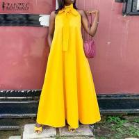 ZANZEA Women Halter Neck Sleeveless A-line Sundress Fashion Off Shoulder Party Beach Maxi Dress Elegant Solid Long Vestidos Robe