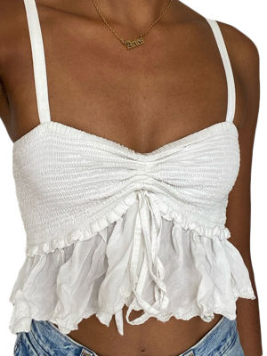 เสื้อกั๊กสายขนาดเล็กสีขาวลูกไม้แขนกุดผ้าปะลายฤดูร้อนของผู้หญิงเสื้อครอปแต่งระบาย