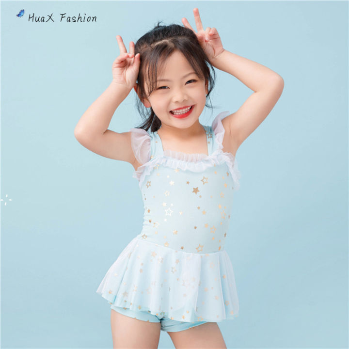 hx-girls-sunscreen-swimwear-one-piece-star-pattern-lace-culottes-ชุดว่ายน้ำสำหรับเด็กอายุ2-5ปี