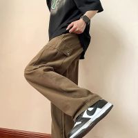 ♝┇ Solid color Japanese style bf wide-leg big pocket overalls mens high street ins loose drawstring straight casual pants