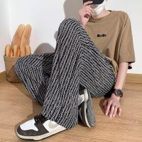 HOT14★ Summer Cal Pants Men Loose Elastic Waist Pant Male Striped Straight Trousers Man