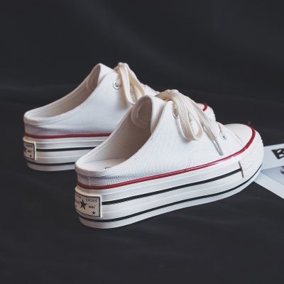 ◊ 2022 Summer New No Heel Lazy Shoes Womens Increased Canvas Shoes Half Drag A Pedal Thick Casual Sho
