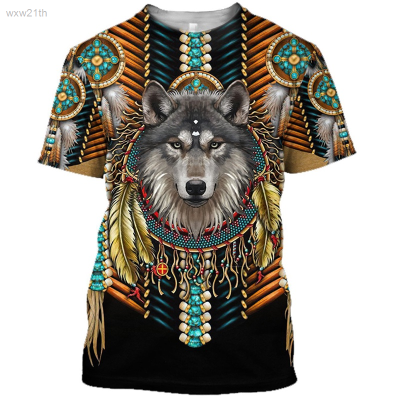 2023 Round Neck T-shirt with Short Sleeves, Printed with 3d Totem Wolf Pattern, Oversized Retro Style, Suitable for Summer Men. Unisex