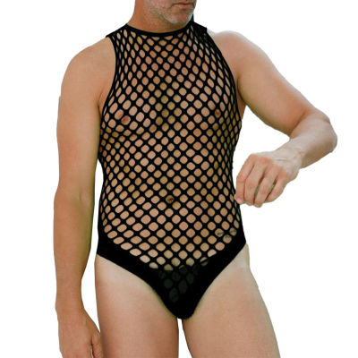 ผู้ชายเซ็กซี่ Fishnet Pantyhose Clubwear เสื้อกั๊กถุงน่อง Sissy บอดี้สูท ชุดชั้นใน T-Back บอดี้สูทเกย์ Scrotum Bulge กระเป๋า