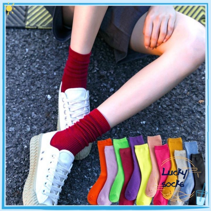 ถุงเท้าเกาหลี-สไตล์แฟชั่น-แนวสตรีท-สีนีออนเรืองแสง-ข้อยาว
