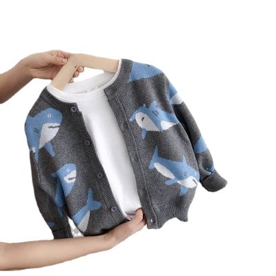 Children Spring 2023 Small Shark Jacquard Fluff Shirt Boys Girls Single Breasted Cotton Knit Cardigan Autumn Baby Boy Sweater