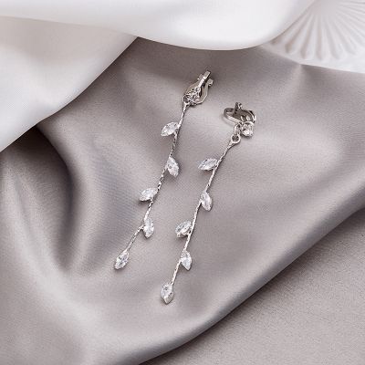 【YF】 Hot New Silver Color Needle Willow Leaf Clip Earrings Fashion Jewelry Temperament Simple Long Tassel For Women Gift