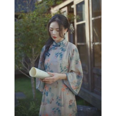 Hanfu เดรสกี่เพ้าสไตล์จีนเสื้อผ้าสไตล์ฝรั่งเศสปรับปรุงชุดเดรสลายดอกไม้สง่างามแบบตะวันออกย้อนยุคของผู้หญิง