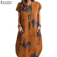 ✶♦ ZANZEA Women Bohemian Crew Neck Linen A-Line Short Sleeve Elegant Floral Printed Dress