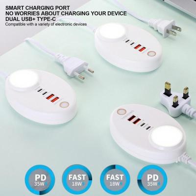 สถานีชาร์จ USB Multi-Port USB Power Hub Charger PD20W Dual Type-C และ USB รูปไข่แบบพกพาพร้อมไฟสัมผัสสำหรับเสียง